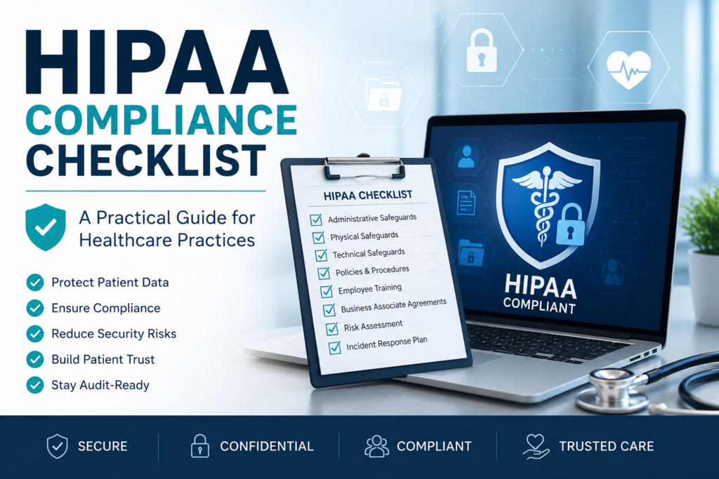 Healthcare administrator reviewing a HIPAA compliance checklist on a secure computer in a modern medical office