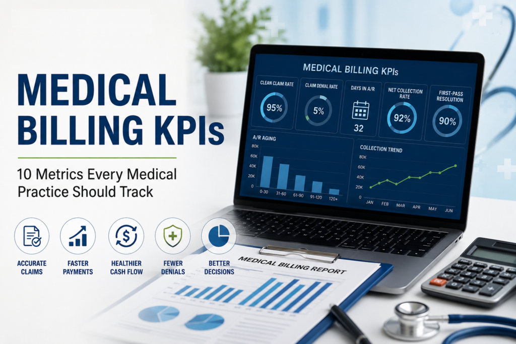 Medical billing KPIs dashboard showing key revenue cycle metrics for medical practices